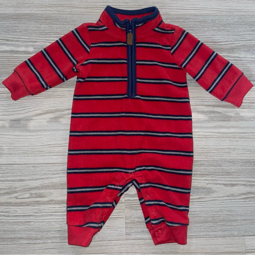 Carter’s Baby Boys 1PC Fleece Romper 3M Red & Gray Striped Quarter Zip